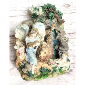 Angel Figurine With Wildlife & Child Accents Hand-Painted Resin Sculpture Nature